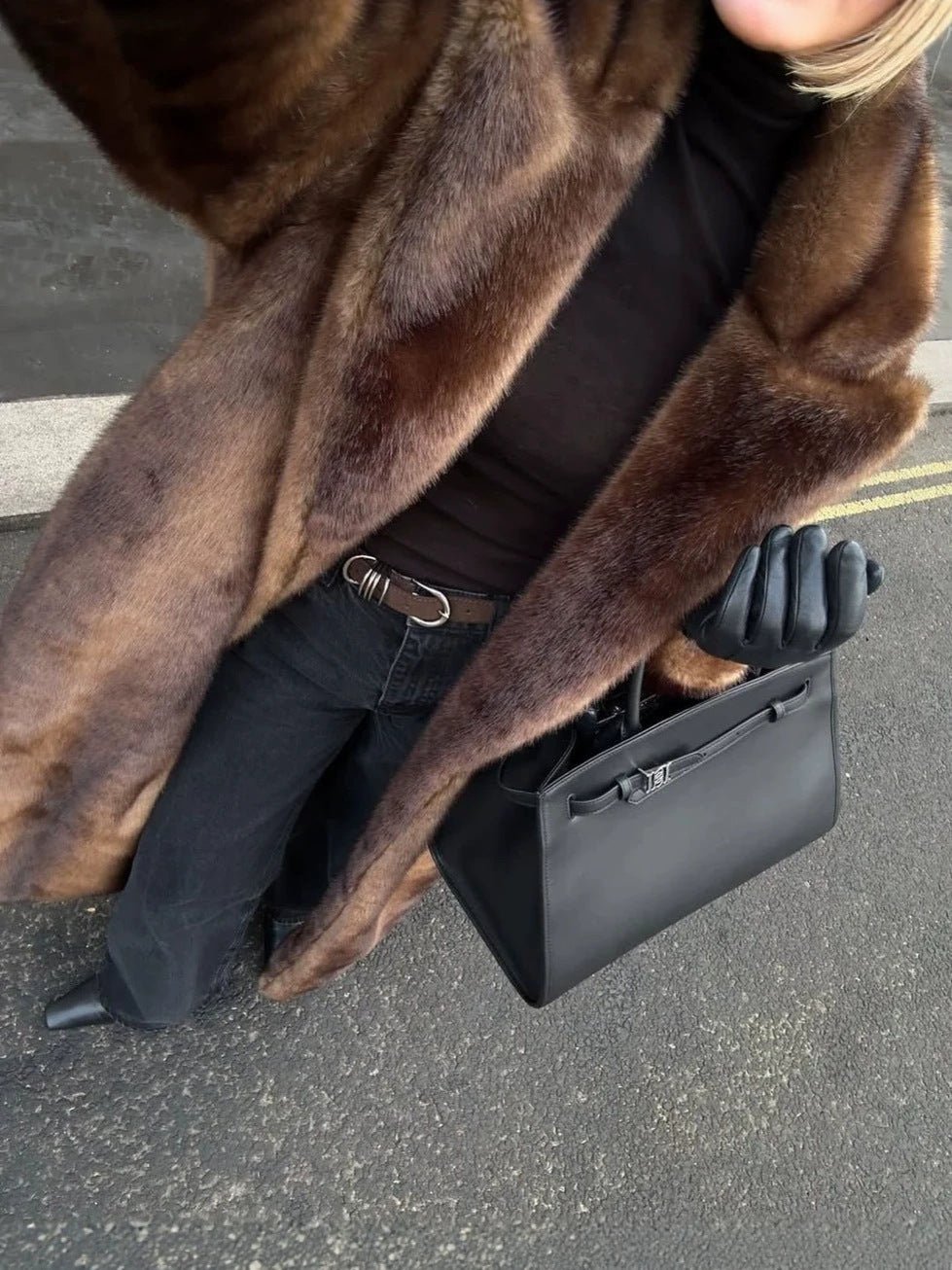 Retro Brown Faux Mink Fur Coat for Women - Long, Stand-Up Collar, Loose Fit - Satinni