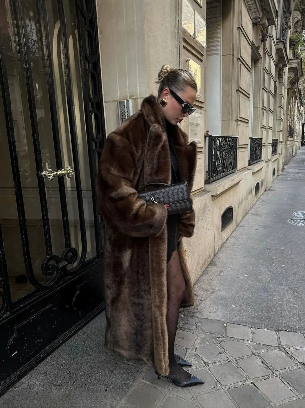 Retro Brown Faux Mink Fur Coat for Women - Long, Stand-Up Collar, Loose Fit - Satinni