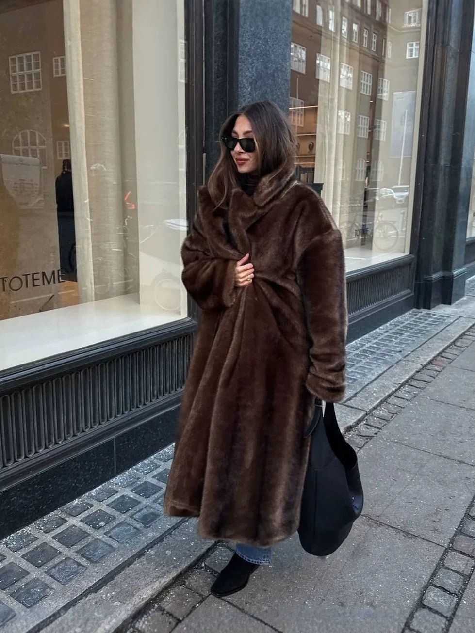 Retro Brown Faux Mink Fur Coat for Women - Long, Stand-Up Collar, Loose Fit - Satinni