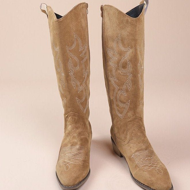 Retro Embroidered Brown Mid-Calf Martin Boots for Women - Chunky Heel Western Style - Satinni