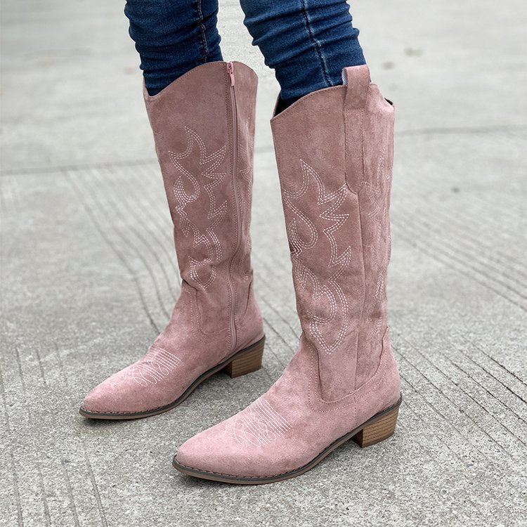 Retro Embroidered Brown Mid-Calf Martin Boots for Women - Chunky Heel Western Style - Satinni