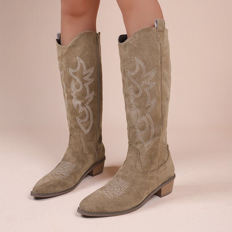 Retro Embroidered Brown Mid-Calf Martin Boots for Women - Chunky Heel Western Style - Satinni