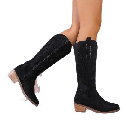 Retro Embroidered Brown Mid-Calf Martin Boots for Women - Chunky Heel Western Style - Satinni