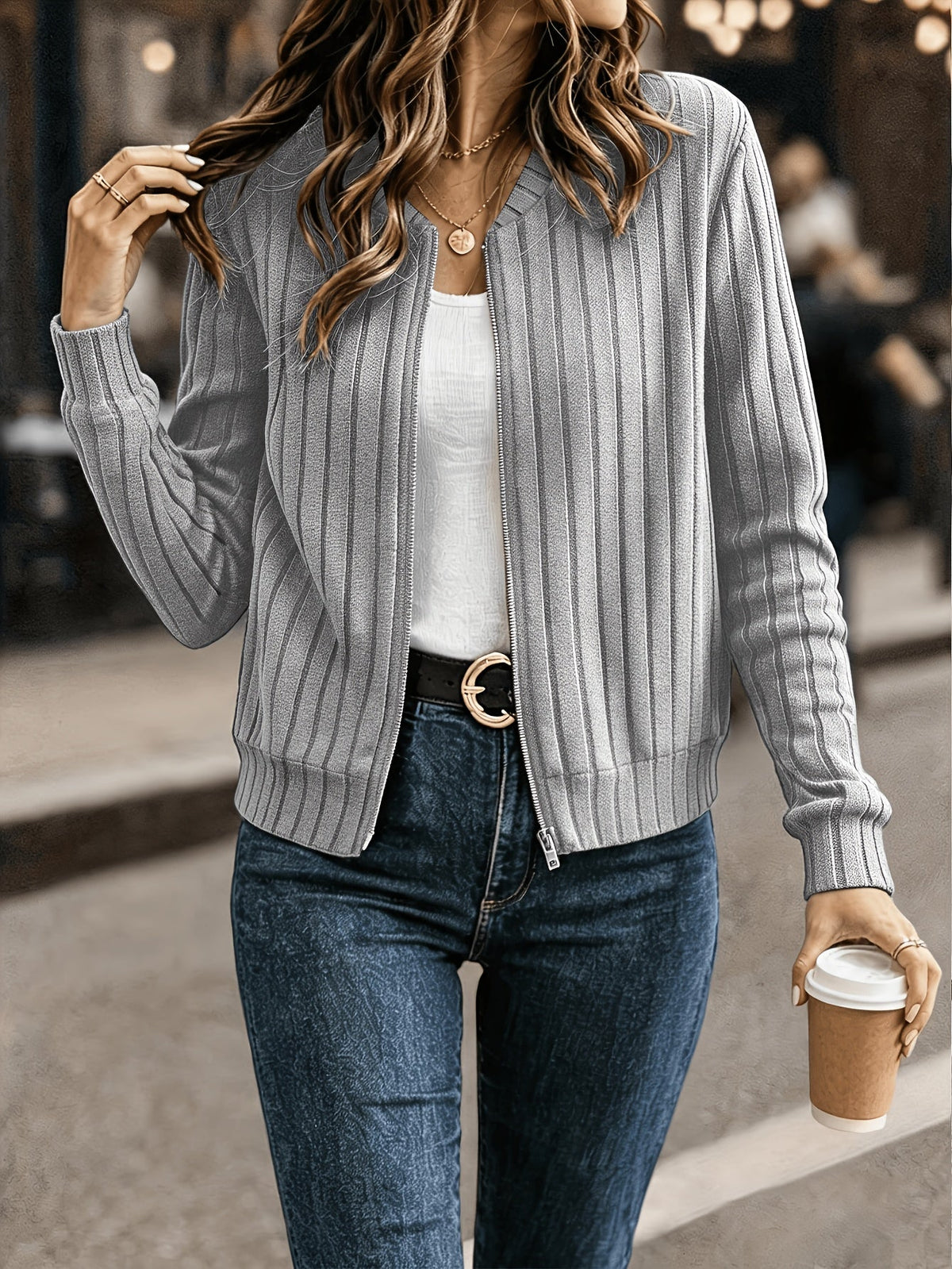 Ribbed Zip-Front Jacket in Soft Fabric for Casual Wear and Layering - Satinni