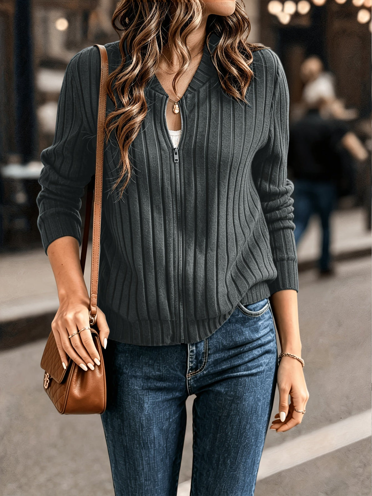 Ribbed Zip-Front Jacket in Soft Fabric for Casual Wear and Layering - Satinni