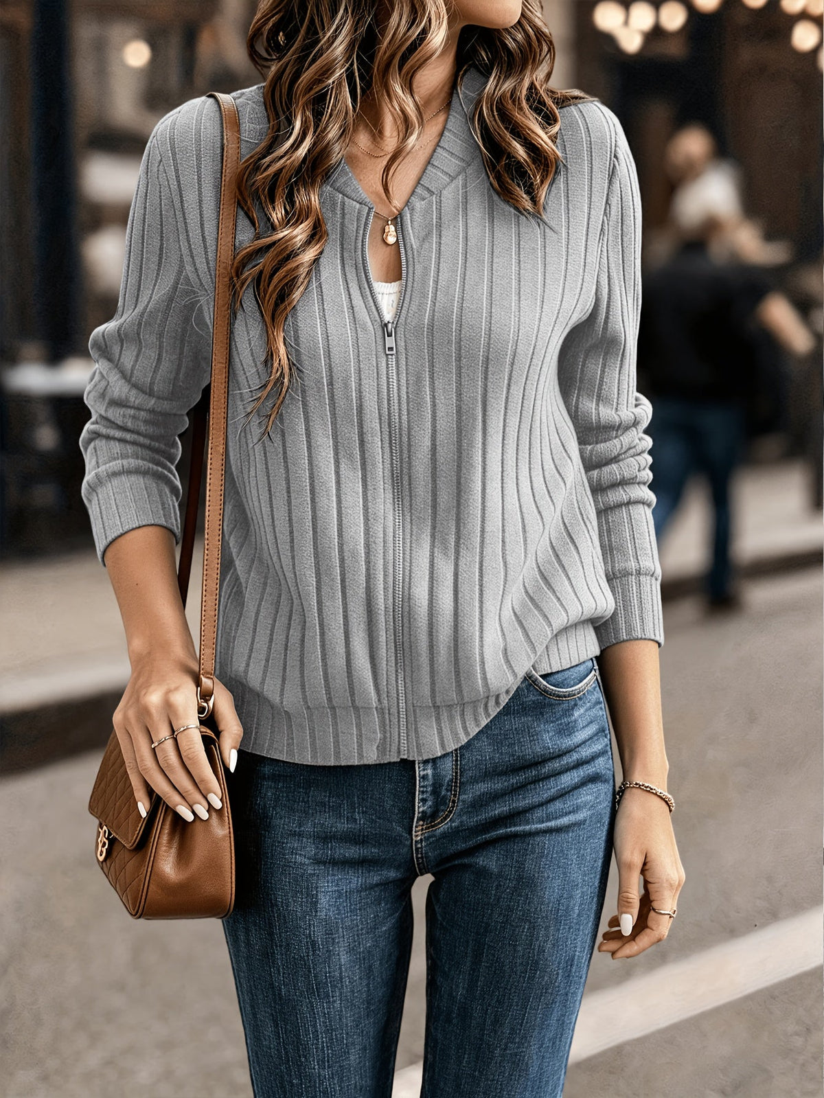 Ribbed Zip-Front Jacket in Soft Fabric for Casual Wear and Layering - Satinni