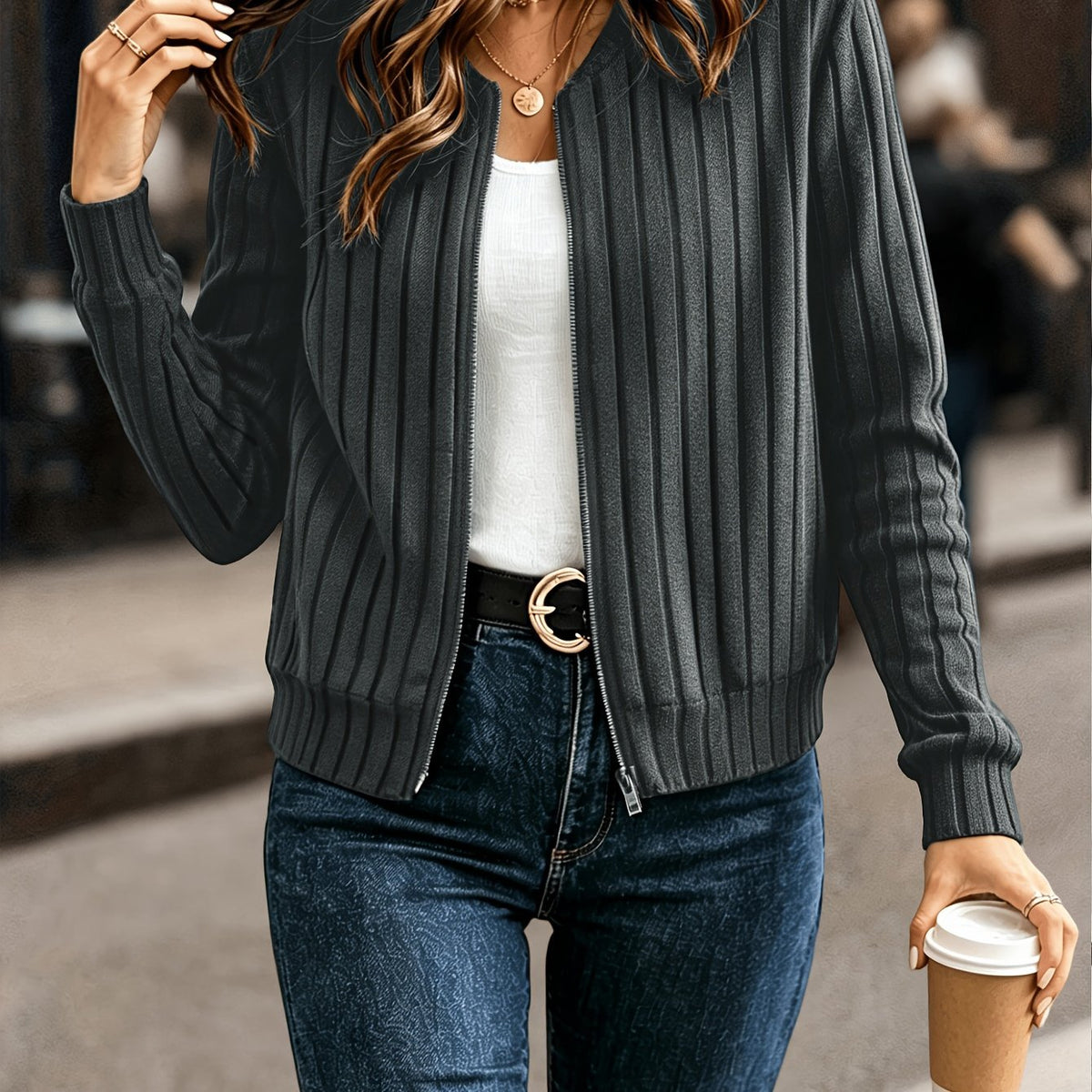 Ribbed Zip-Front Jacket in Soft Fabric for Casual Wear and Layering - Satinni
