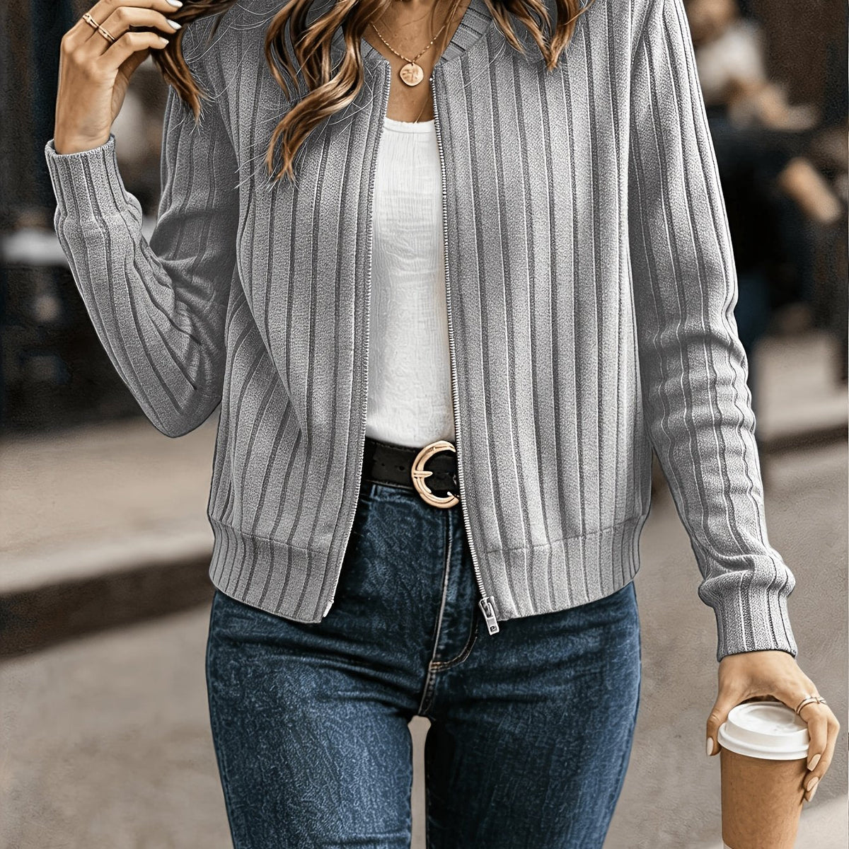 Ribbed Zip-Front Jacket in Soft Fabric for Casual Wear and Layering - Satinni