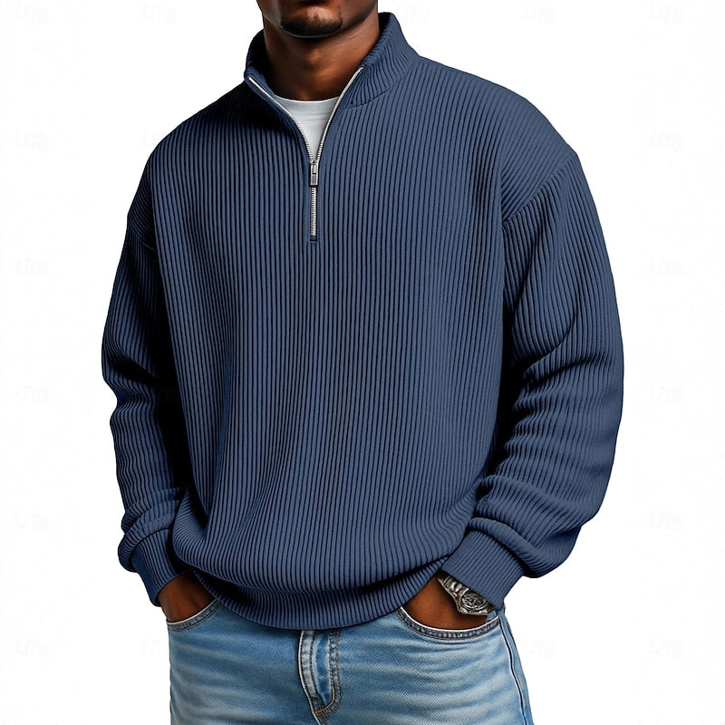 Ribbed Quarter-Zip Pullover for Men - Soft Fabric, Casual Style, Versatile Wear