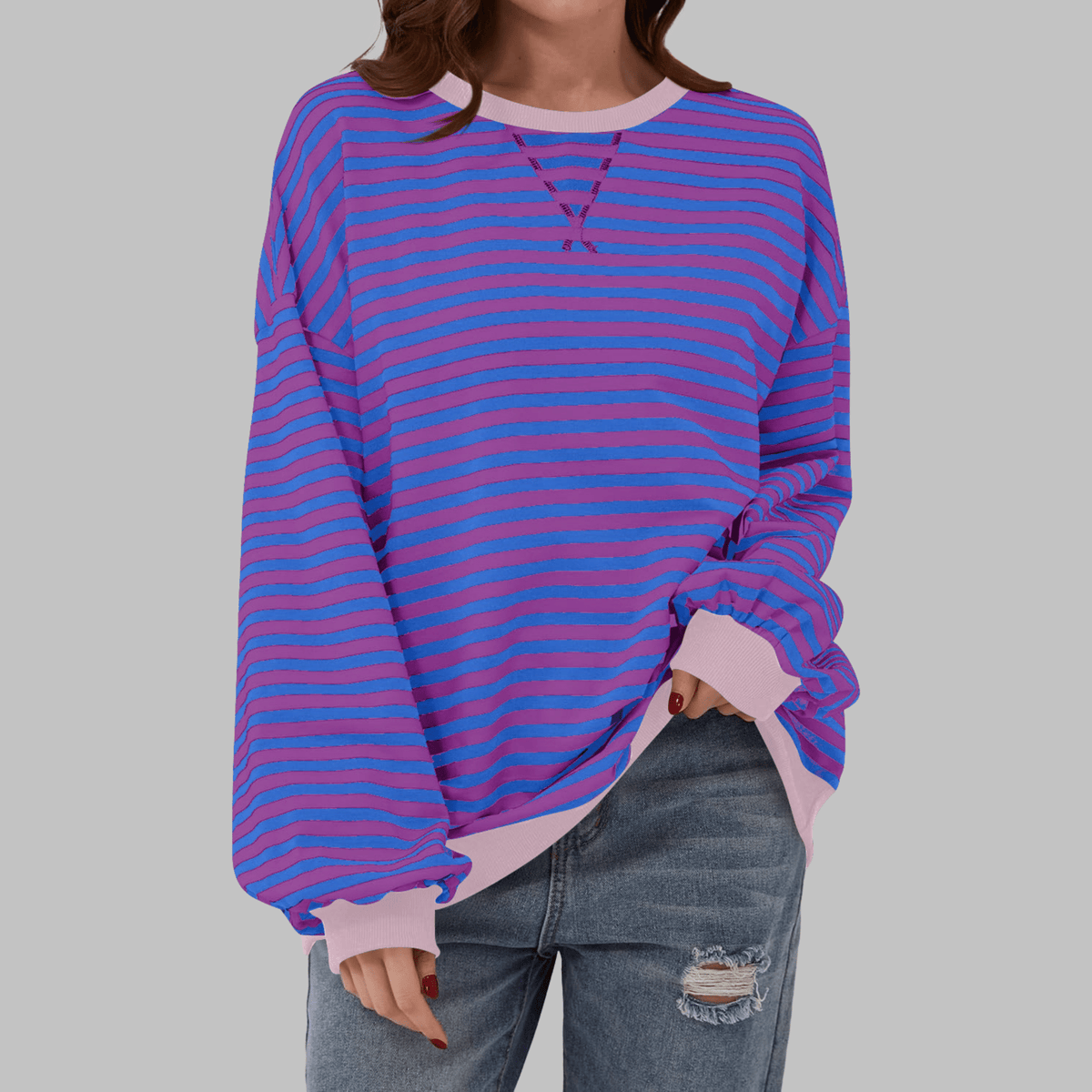 Striped Long Sleeve Sweatshirt | Casual Cotton Blend | Women's Apparel - Satinni