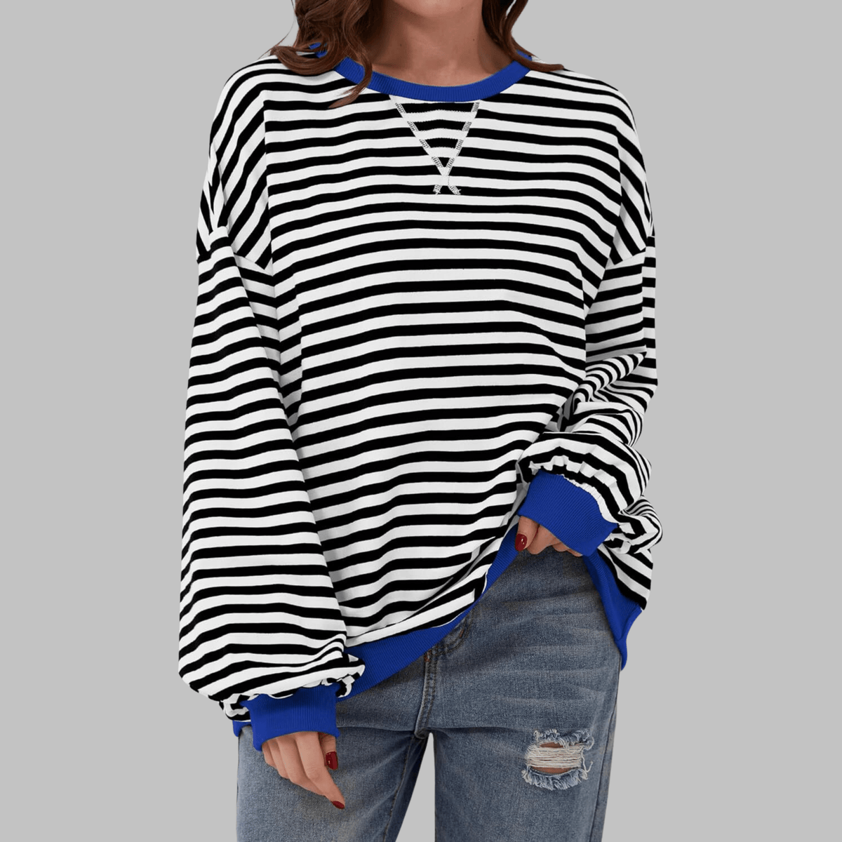 Striped Long Sleeve Sweatshirt | Casual Cotton Blend | Women's Apparel - Satinni