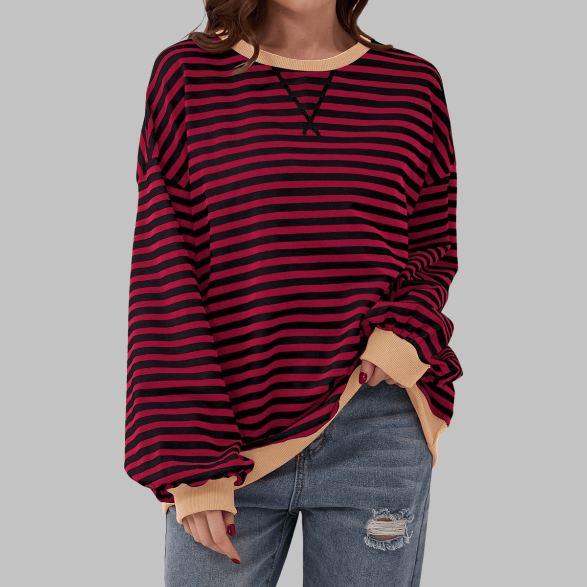 Striped Long Sleeve Sweatshirt | Casual Cotton Blend | Women's Apparel - Satinni