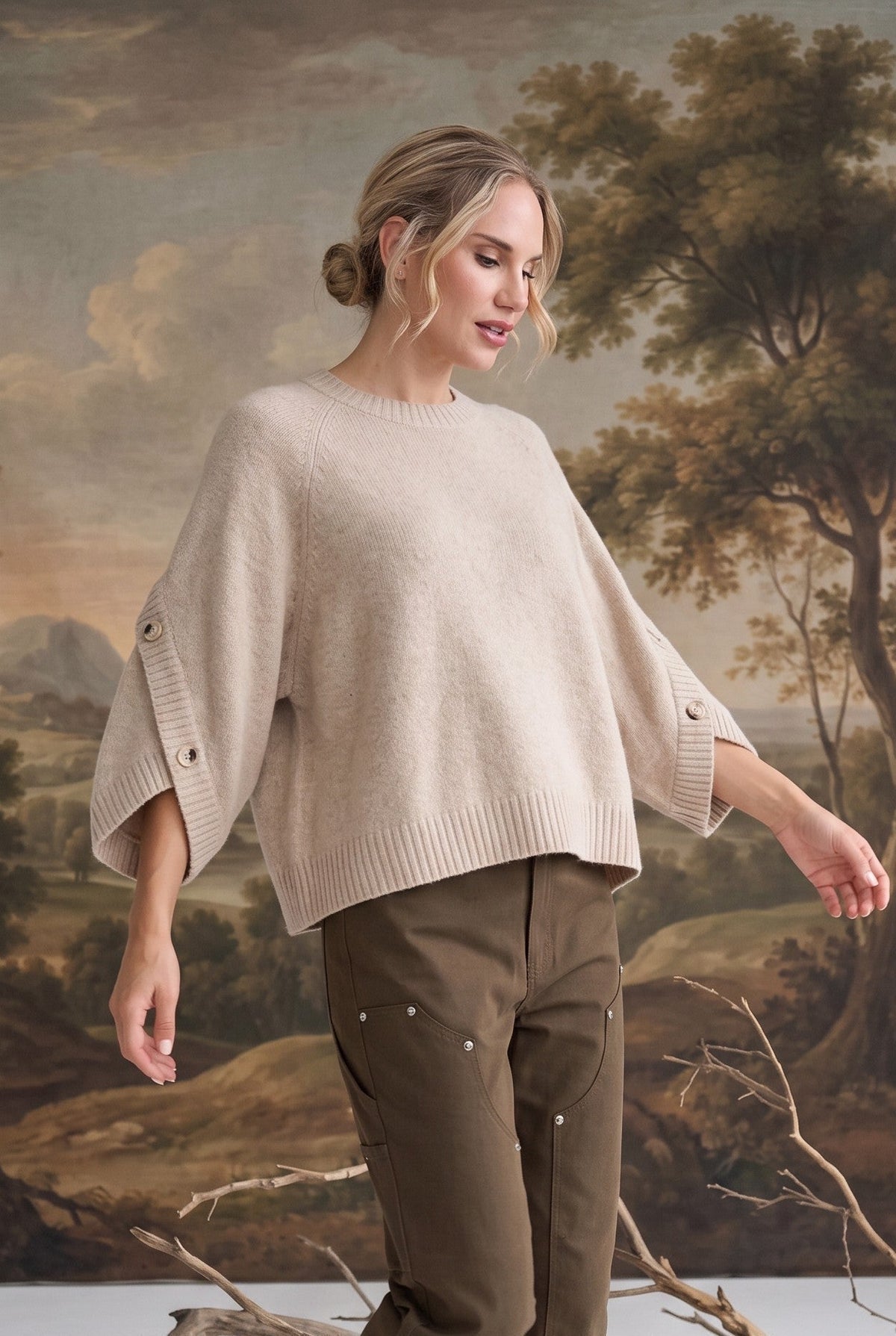 Women's Button Sleeve Top in Taupe – Elegant Casual Blouse, Long Sleeve, Everyday Wear