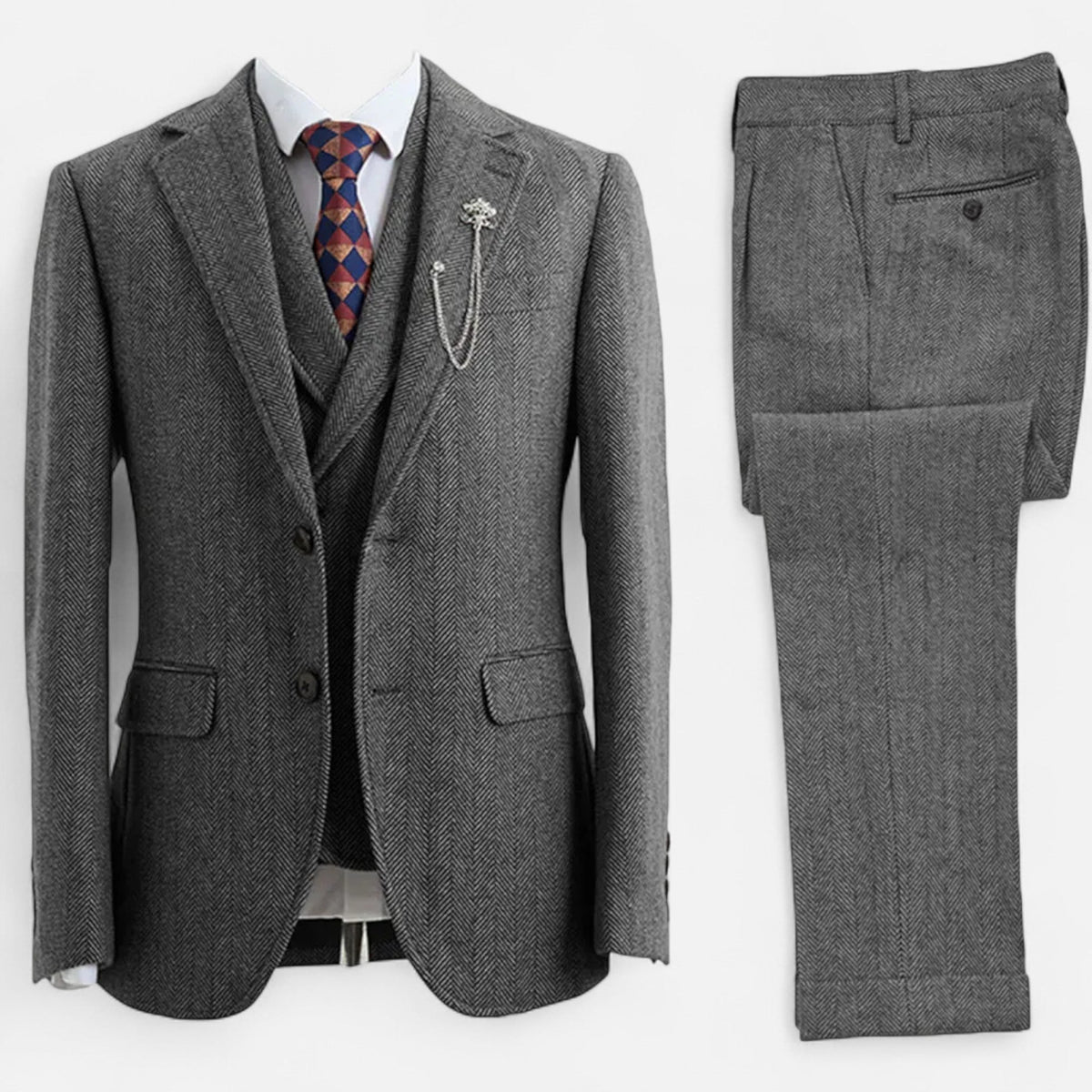 Tweed Herringbone Men's Three-Piece Double-Breasted Suit for Formal Events - Satinni