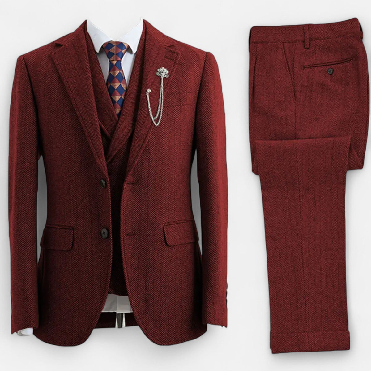 Tweed Herringbone Men's Three-Piece Double-Breasted Suit for Formal Events - Satinni