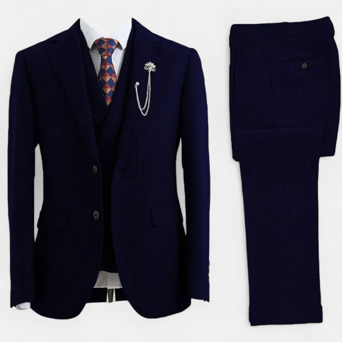Tweed Herringbone Men's Three-Piece Double-Breasted Suit for Formal Events - Satinni