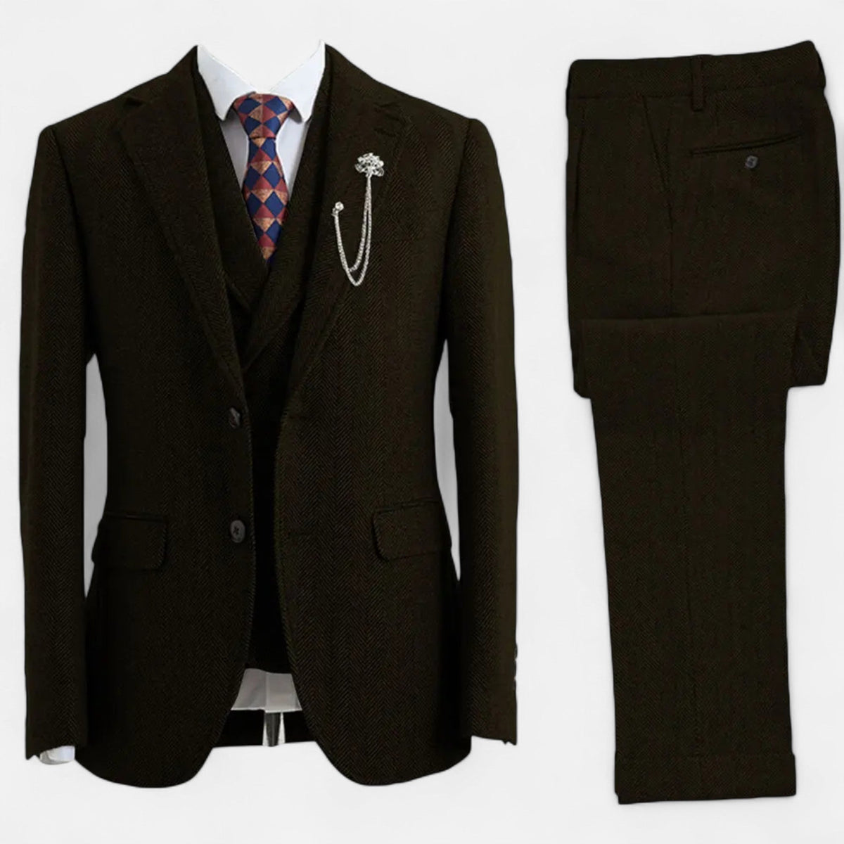 Tweed Herringbone Men's Three-Piece Double-Breasted Suit for Formal Events - Satinni