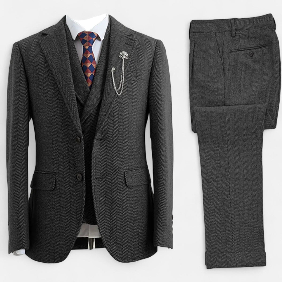 Tweed Herringbone Men's Three-Piece Double-Breasted Suit for Formal Events - Satinni
