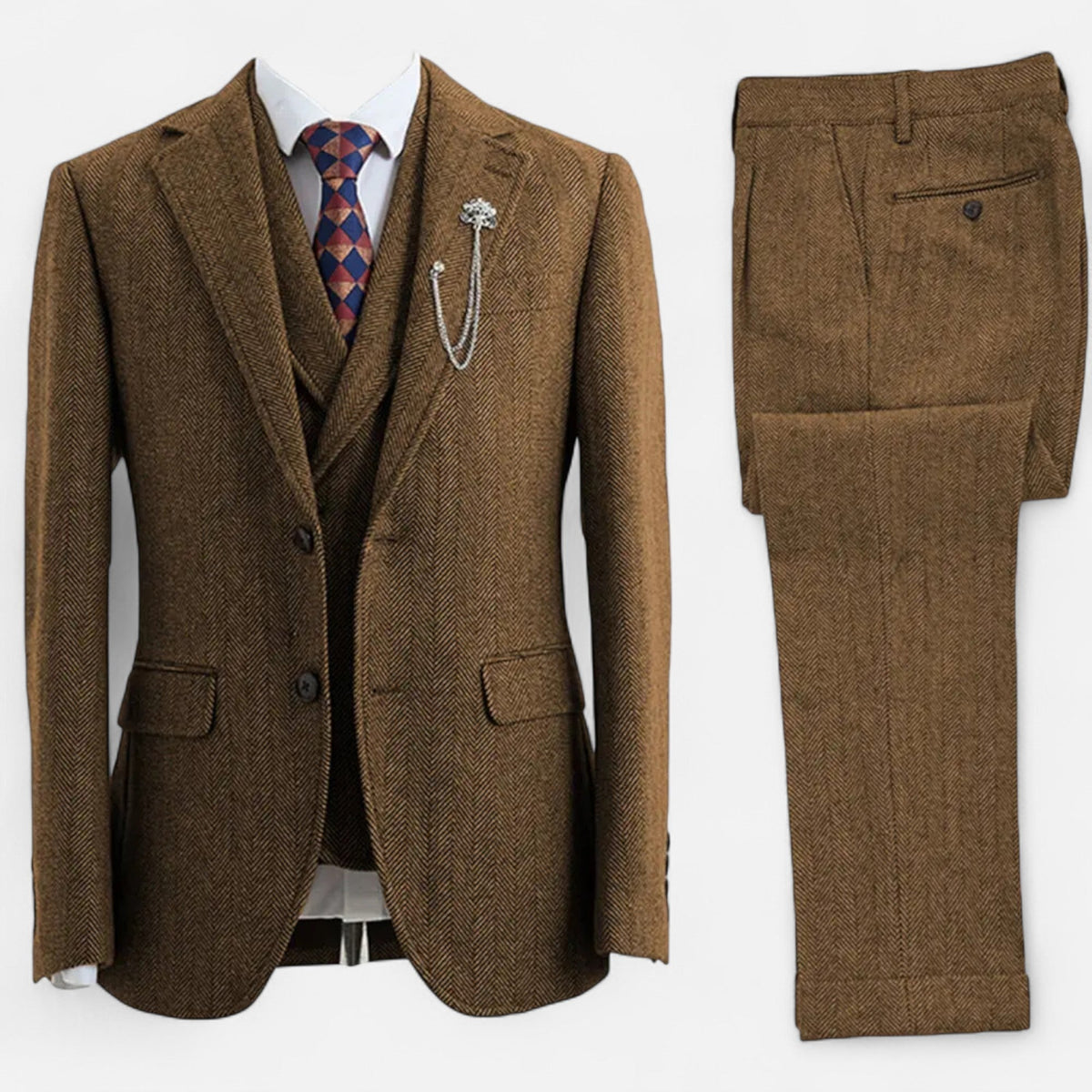 Tweed Herringbone Men's Three-Piece Double-Breasted Suit for Formal Events - Satinni
