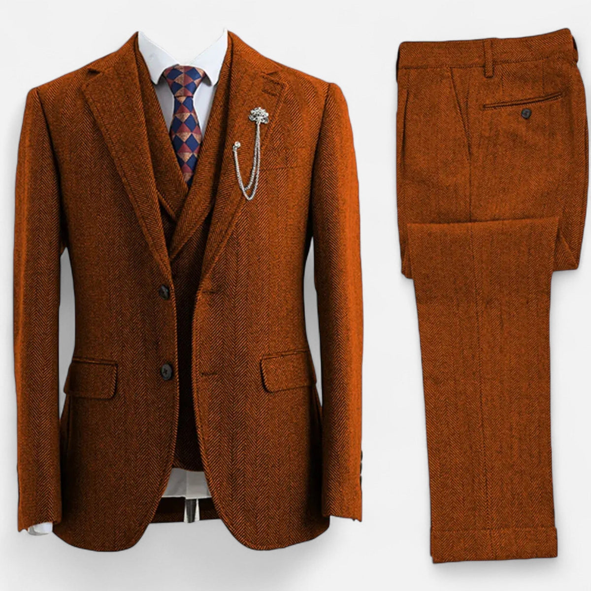 Tweed Herringbone Men's Three-Piece Double-Breasted Suit for Formal Events - Satinni