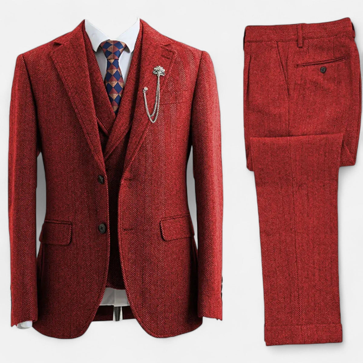 Tweed Herringbone Men's Three-Piece Double-Breasted Suit for Formal Events - Satinni