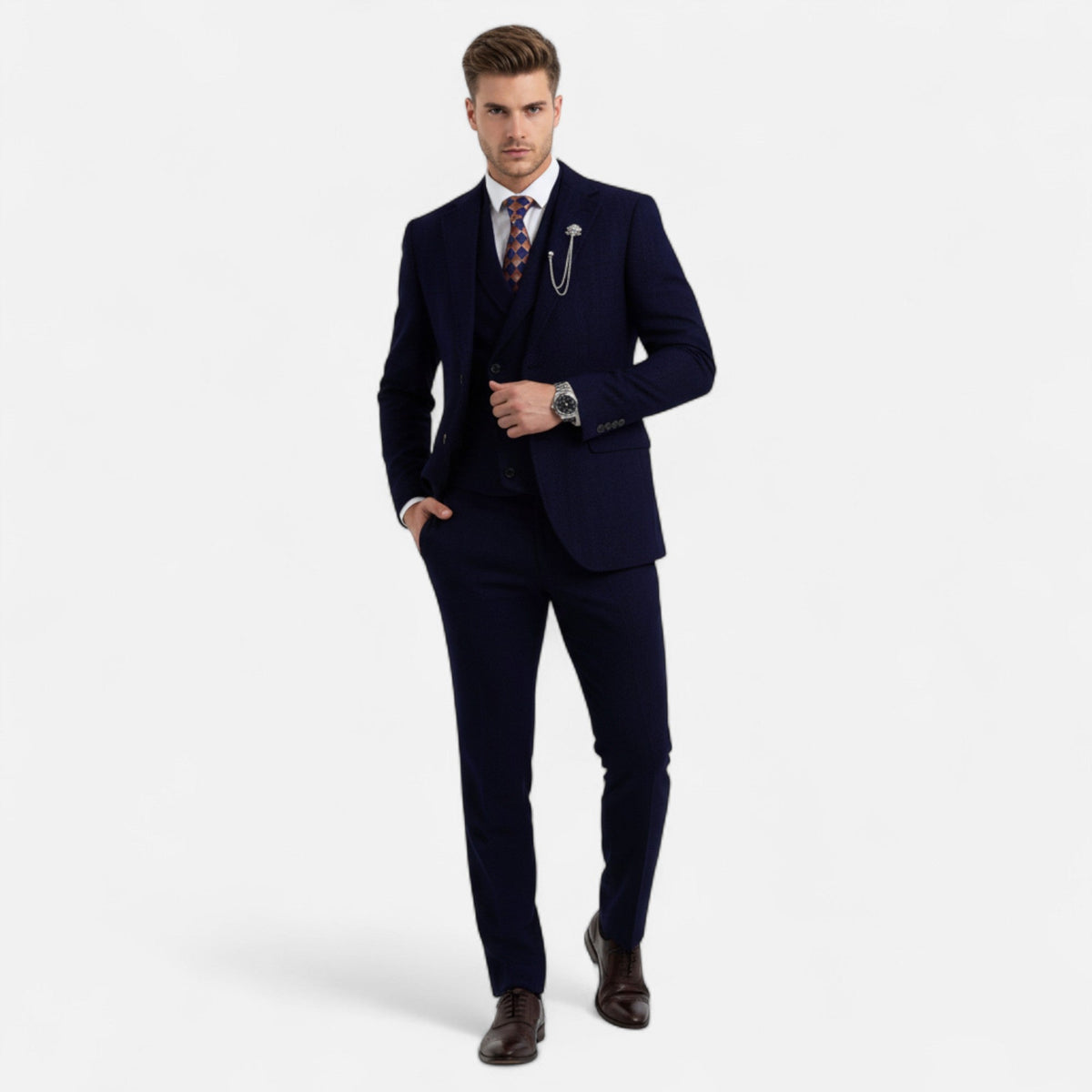 Tweed Herringbone Men's Three-Piece Double-Breasted Suit for Formal Events - Satinni
