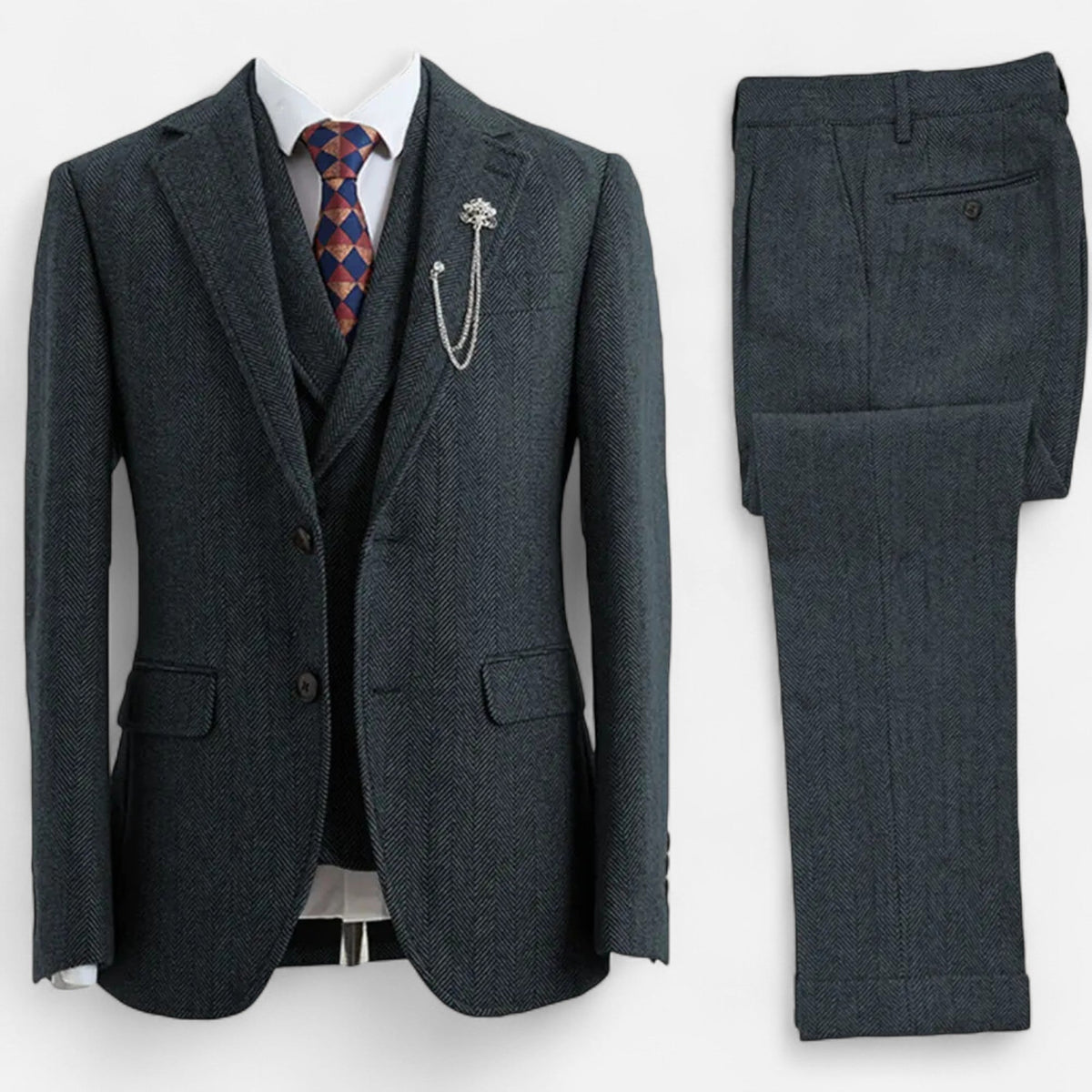 Tweed Herringbone Men's Three-Piece Double-Breasted Suit for Formal Events - Satinni