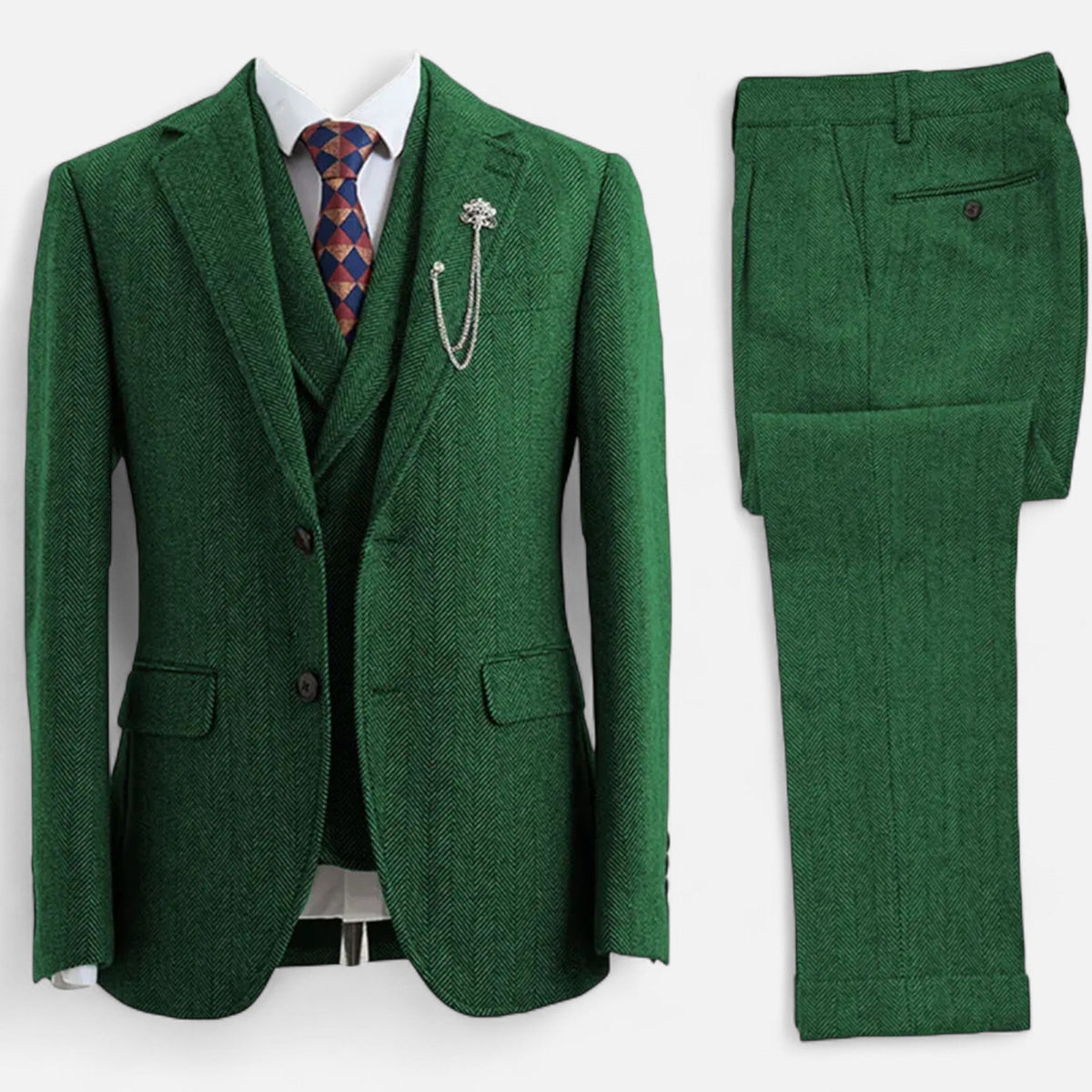 Tweed Herringbone Men's Three-Piece Double-Breasted Suit for Formal Events - Satinni