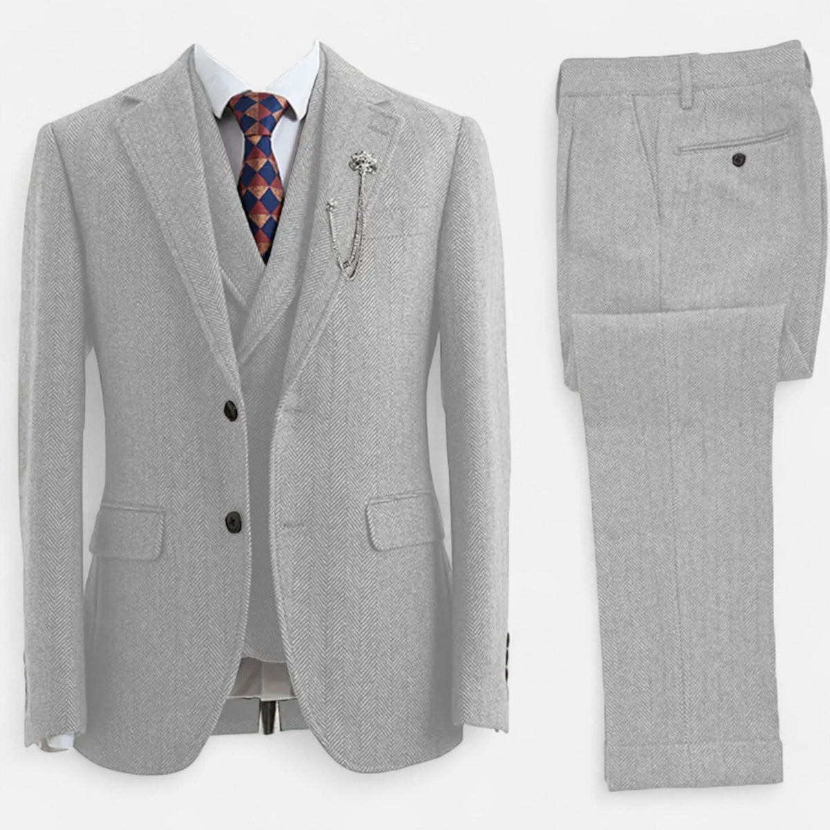 Tweed Herringbone Men's Three-Piece Double-Breasted Suit for Formal Events - Satinni