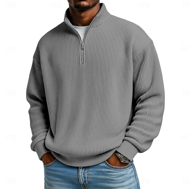 Ribbed Quarter-Zip Pullover for Men - Soft Fabric, Casual Style, Versatile Wear