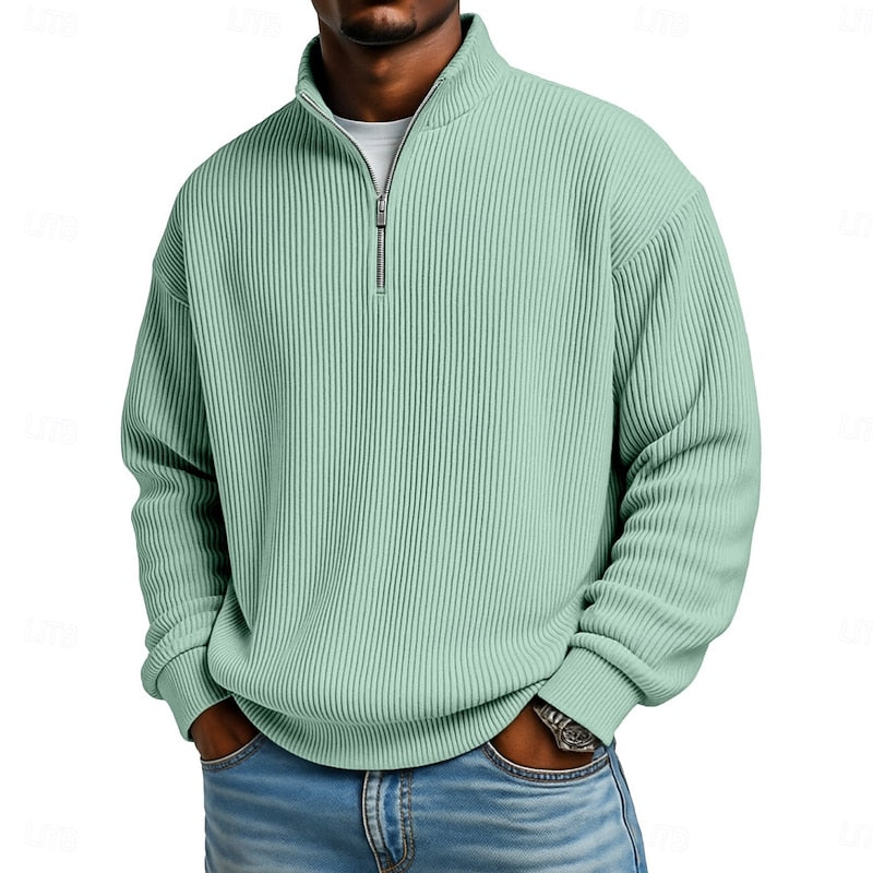 Ribbed Quarter-Zip Pullover for Men - Soft Fabric, Casual Style, Versatile Wear