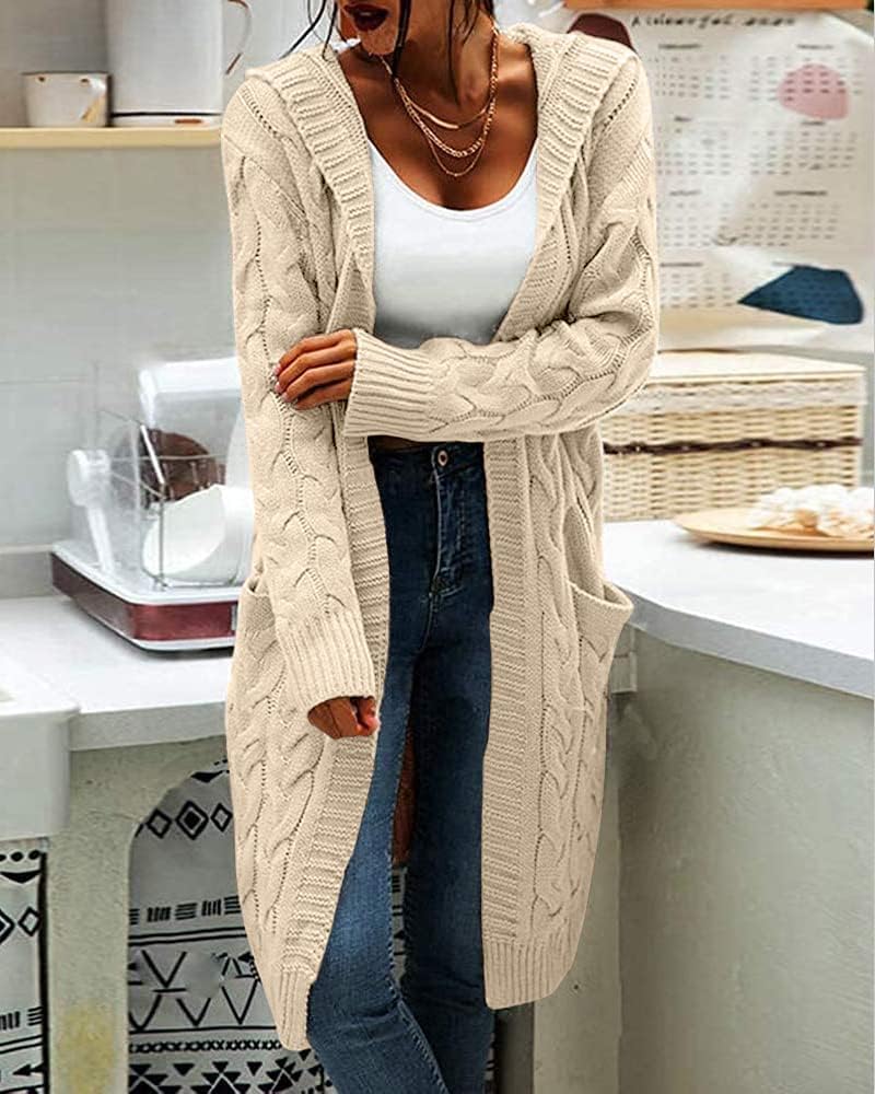Women's Chunky Knit Hooded Cardigan, Long Sleeve – Casual, Autumn, Winter