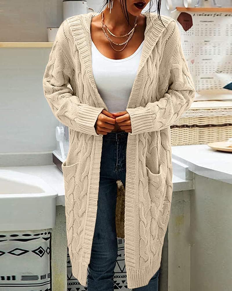 Women's Chunky Knit Hooded Cardigan, Long Sleeve – Casual, Autumn, Winter