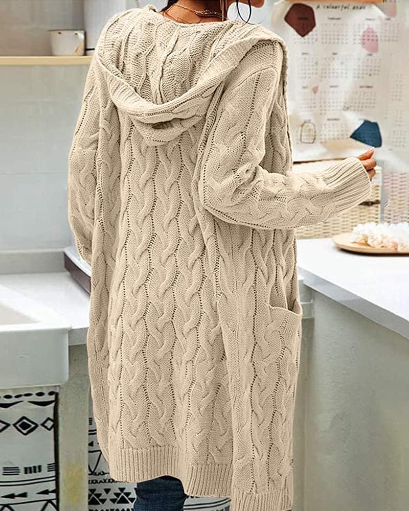 Women's Chunky Knit Hooded Cardigan, Long Sleeve – Casual, Autumn, Winter