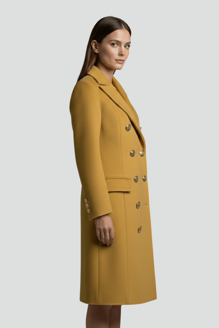Women's Double Button Long Coat with Lapel Collar for Stylish Outerwear - Satinni