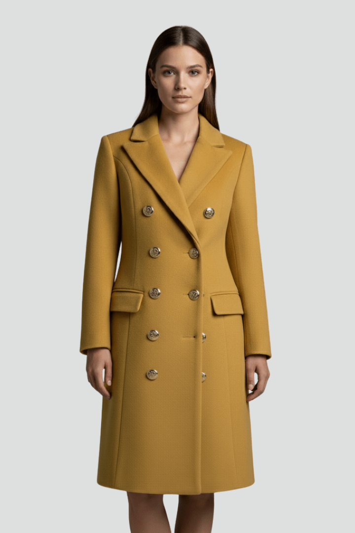Women's Double Button Long Coat with Lapel Collar for Stylish Outerwear - Satinni