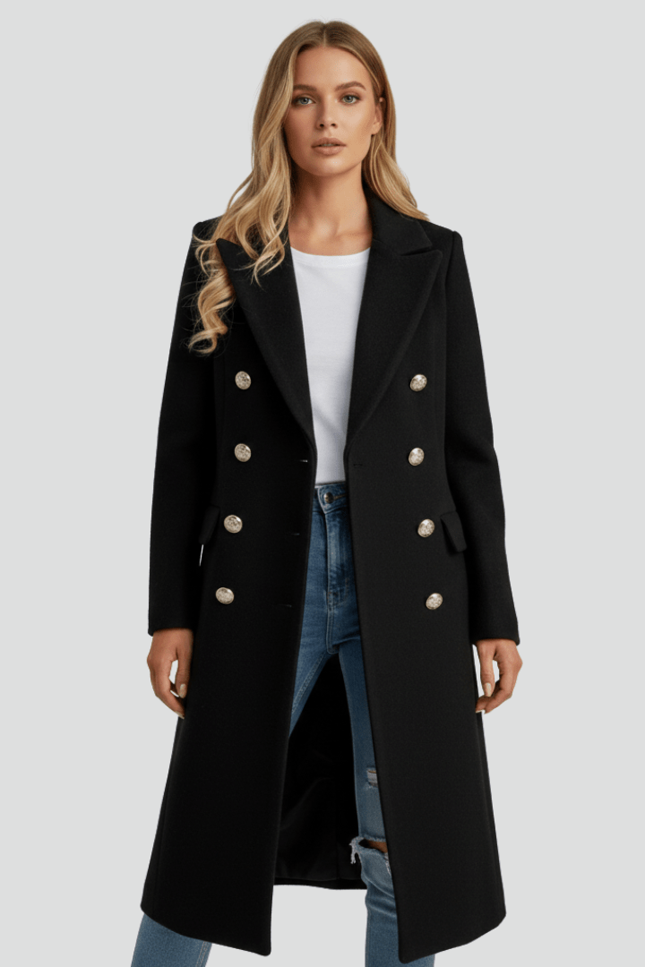 Women's Double Button Long Coat with Lapel Collar for Stylish Outerwear - Satinni