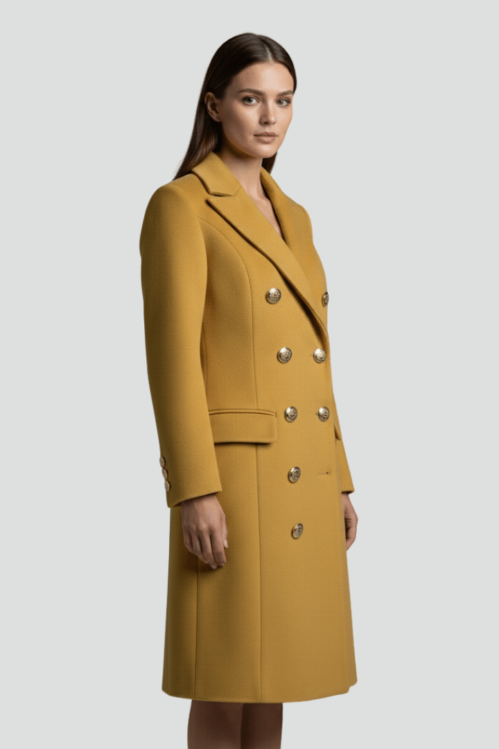 Women's Double Button Long Coat with Lapel Collar for Stylish Outerwear - Satinni