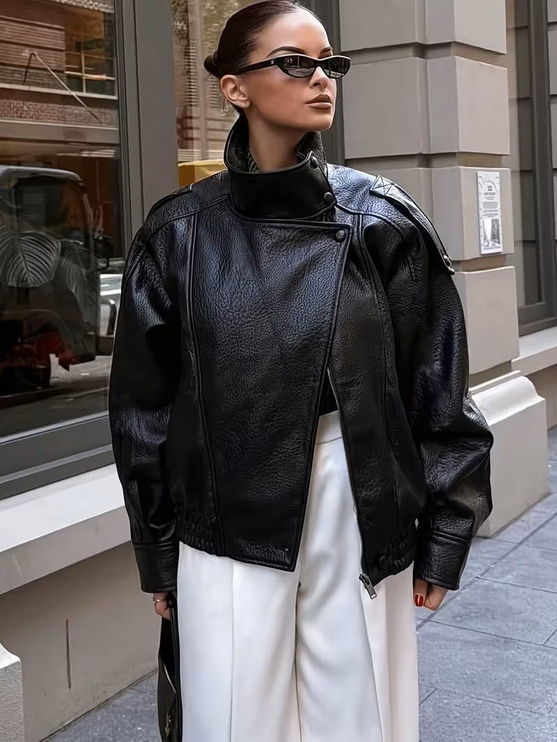 Women's Leather Motorcycle Jacket - Stand Collar, Loose Fit, Retro Style, Short Design - Satinni