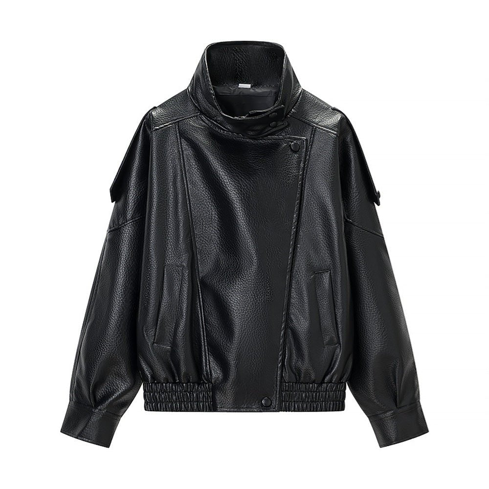 Women's Leather Motorcycle Jacket - Stand Collar, Loose Fit, Retro Style, Short Design - Satinni