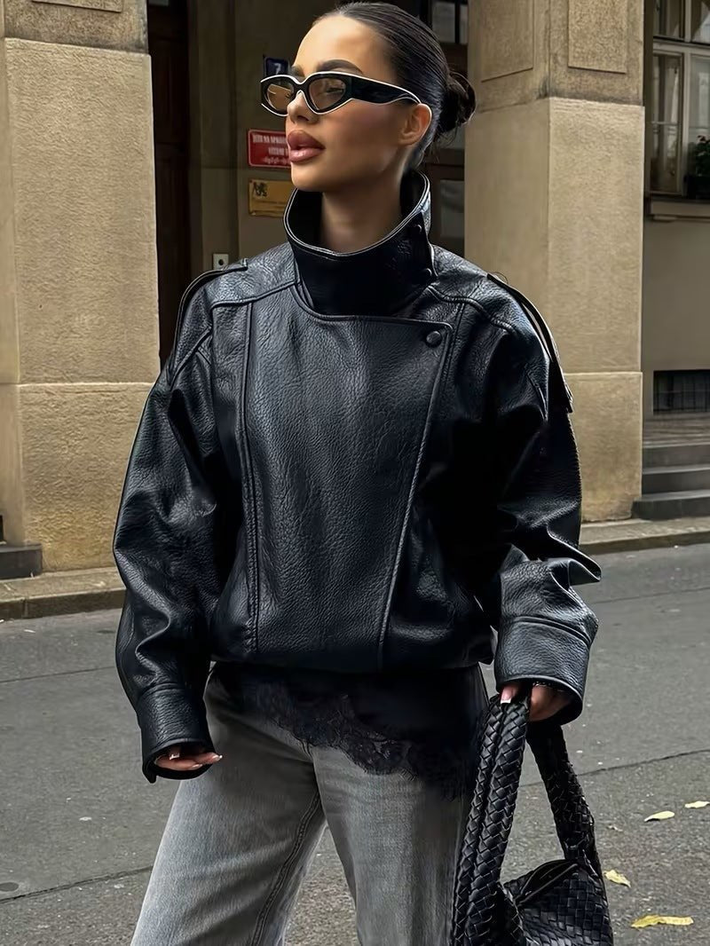 Women's Leather Motorcycle Jacket - Stand Collar, Loose Fit, Retro Style, Short Design - Satinni