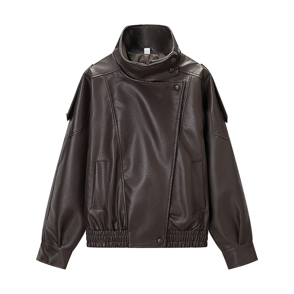 Women's Leather Motorcycle Jacket - Stand Collar, Loose Fit, Retro Style, Short Design - Satinni