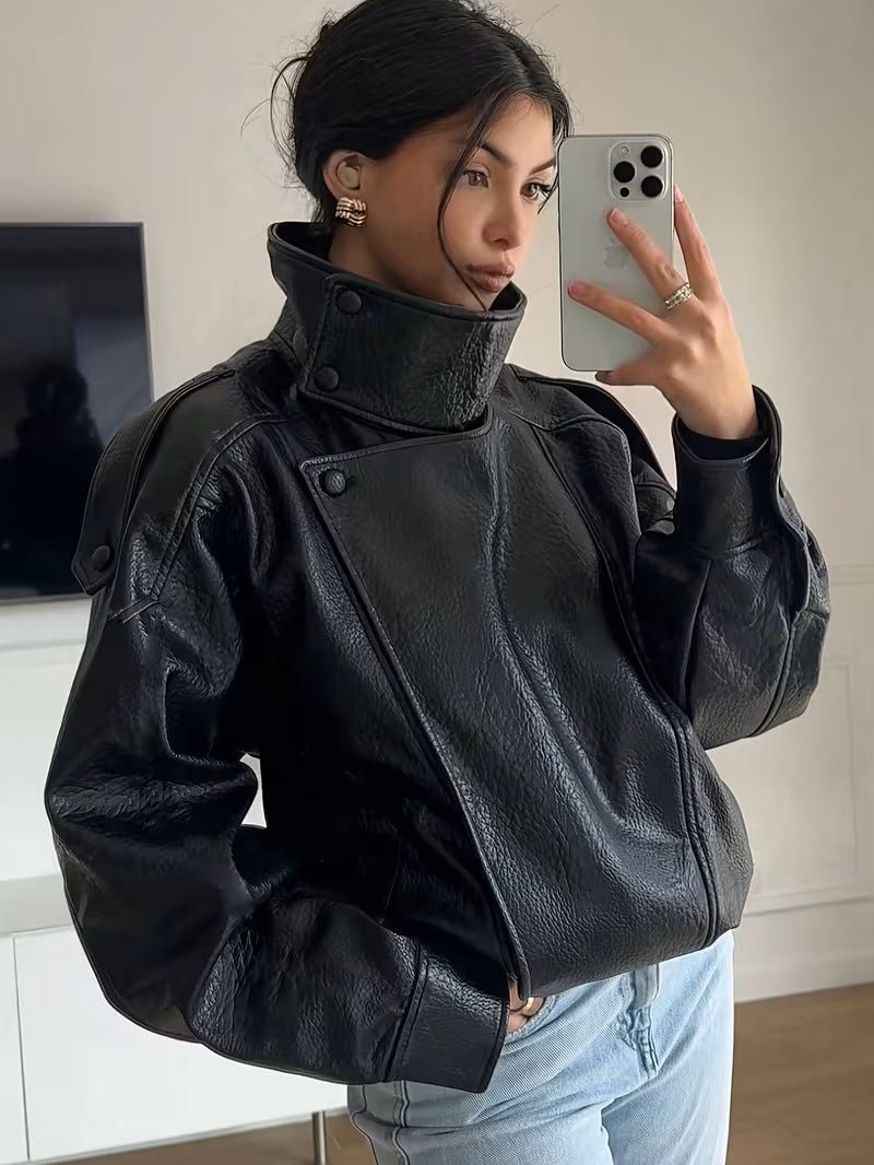 Women's Leather Motorcycle Jacket - Stand Collar, Loose Fit, Retro Style, Short Design - Satinni