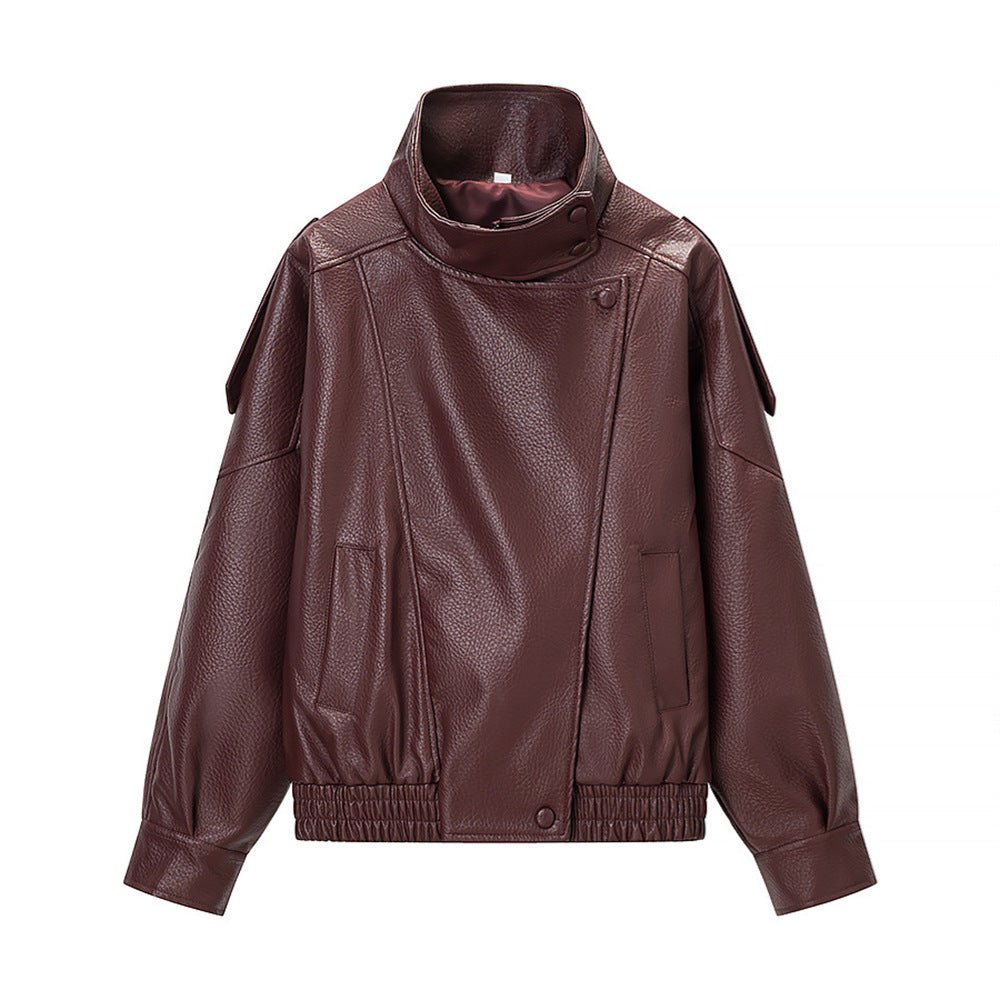 Women's Leather Motorcycle Jacket - Stand Collar, Loose Fit, Retro Style, Short Design - Satinni