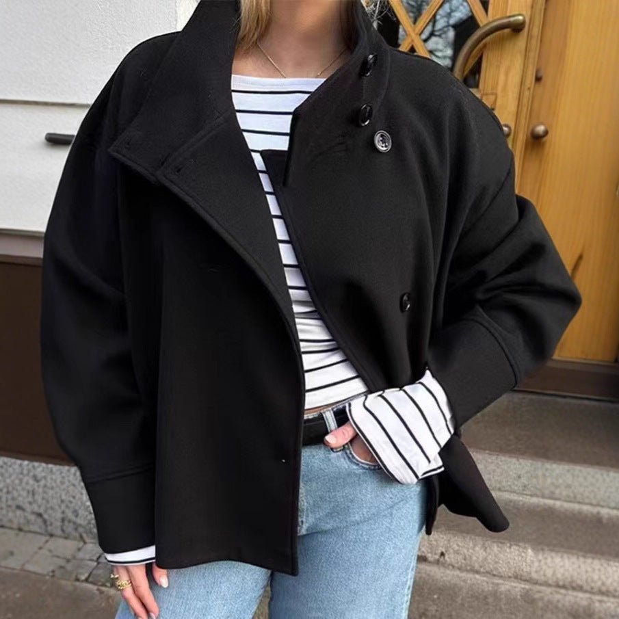 Wool Long-Sleeve Women's Jacket with Stand-Up Collar for Cold Weather Wear - Satinni