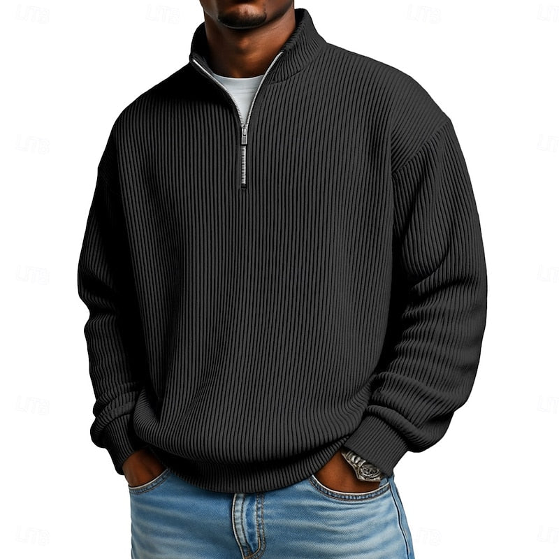 Ribbed Quarter-Zip Pullover for Men - Soft Fabric, Casual Style, Versatile Wear