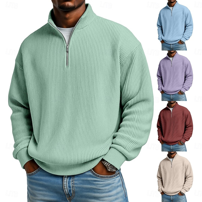 Ribbed Quarter-Zip Pullover for Men - Soft Fabric, Casual Style, Versatile Wear