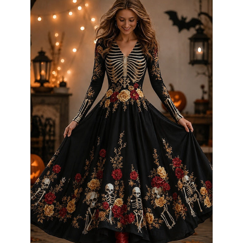 Halloween Skeleton Print Maxi Dress | Comfortable Cotton Fabric | Women's Costume Dress